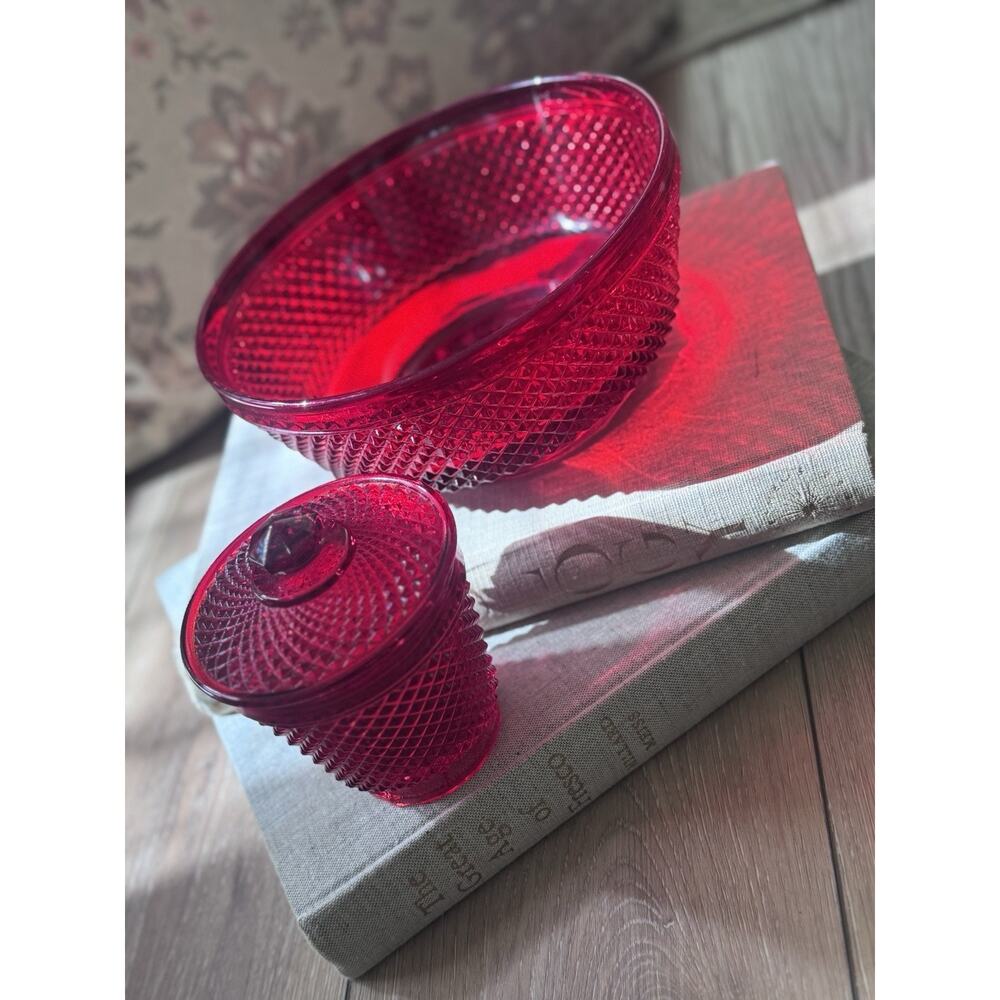 Vintage Estate European Ruby Red Art Glass Bowl Covered Dish Diamond Point Set - Picture 3 of 16